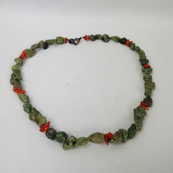 Turquoise Matte Stones & Red Bamboo Coral Chips Strand Necklace - Picture 1 of 7
